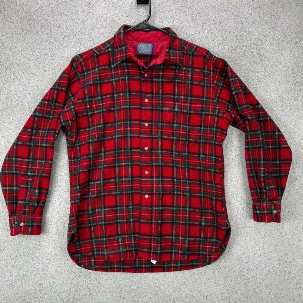 Pendleton Mens VTG Red Tartan Plaid Virgin Wool Flannel Button Down Shirt L USA - Picture 3 of 12